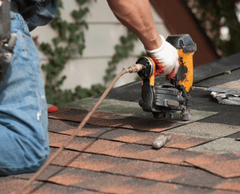 Different types of roofs under construction, highlighting the average timeframes for shingling.